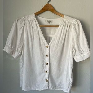 Madewell Linen Blend Plaza Button Up Shirt, Cropped, 3/4 Sleeve, White, Small